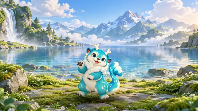 水蓝色幻想水獭角色，置身明亮的水岸与山野之间。
