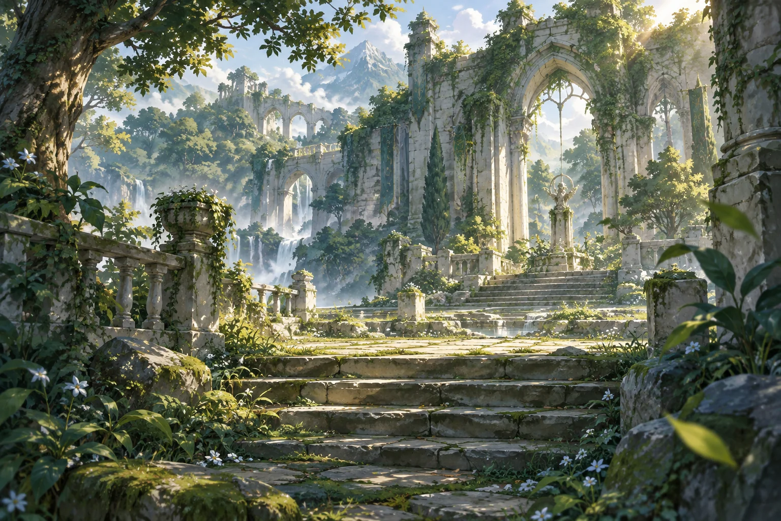 幻想林间庭院与石阶遗迹的完整横向构图，植被和光线层次丰富