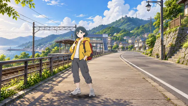 明亮山间道路上的旅行少女，完整人物与身后的乡野风景。